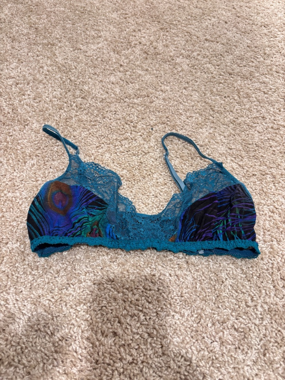 Hanky Panky Teal Lace Peacock-Print Bralette - Sz small